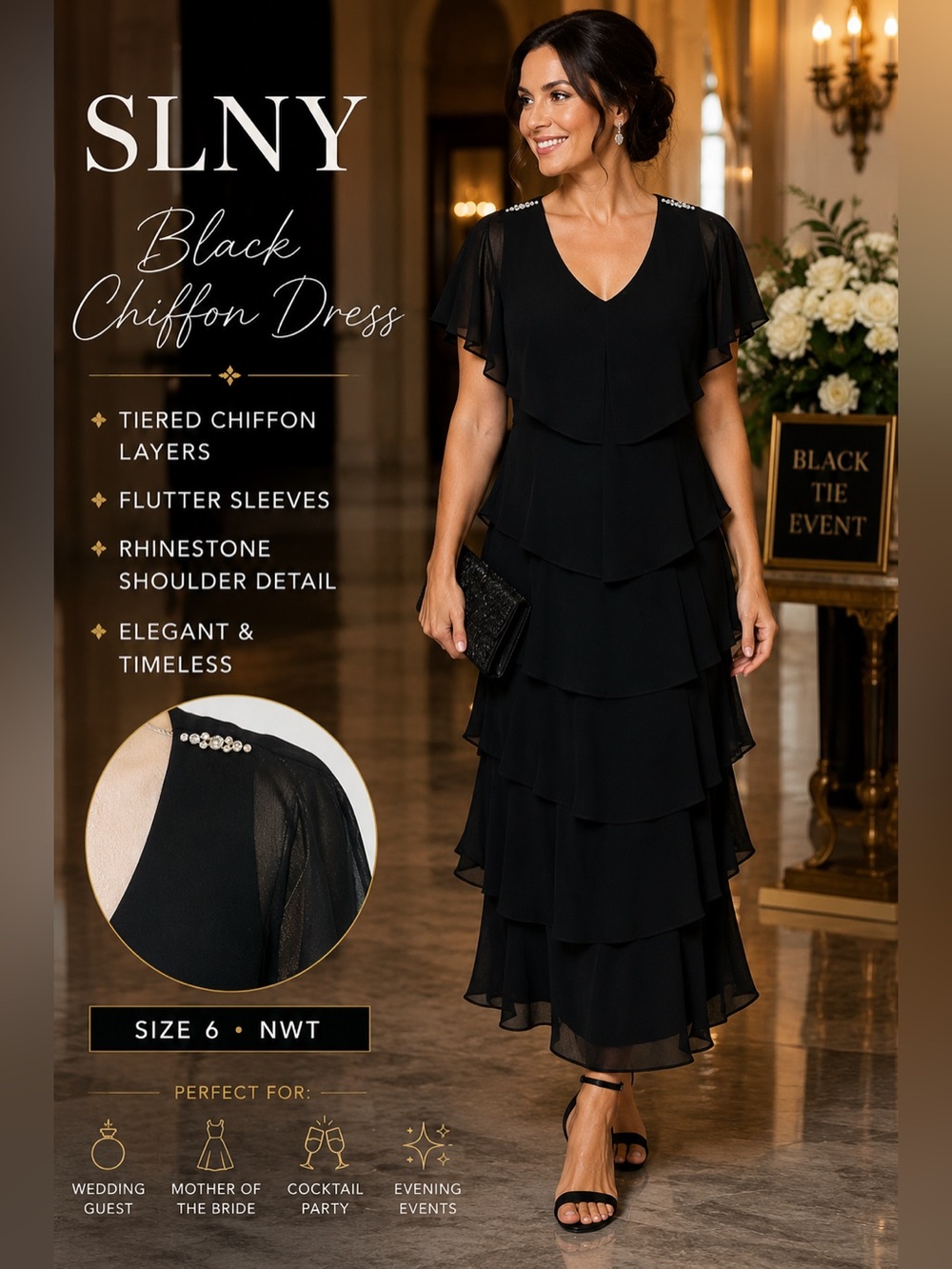 SLNY Black Tiered Chiffon Dress NWT Size 6 S Elegant Rhinestone Shoulder Detail